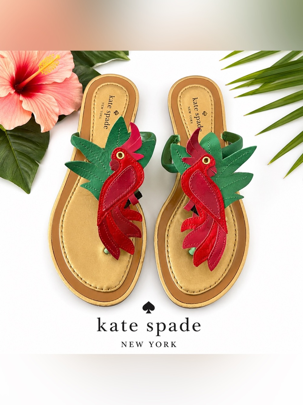 Kate Spade New York Tropical Parrot Sandals Leather Novelty Flip Flops